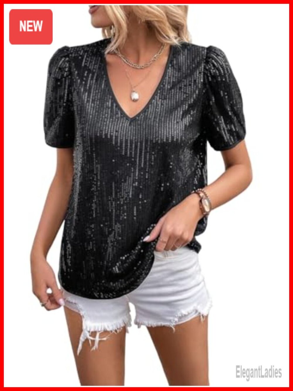 Sequin Short Sleeve V Neck Tunic Top